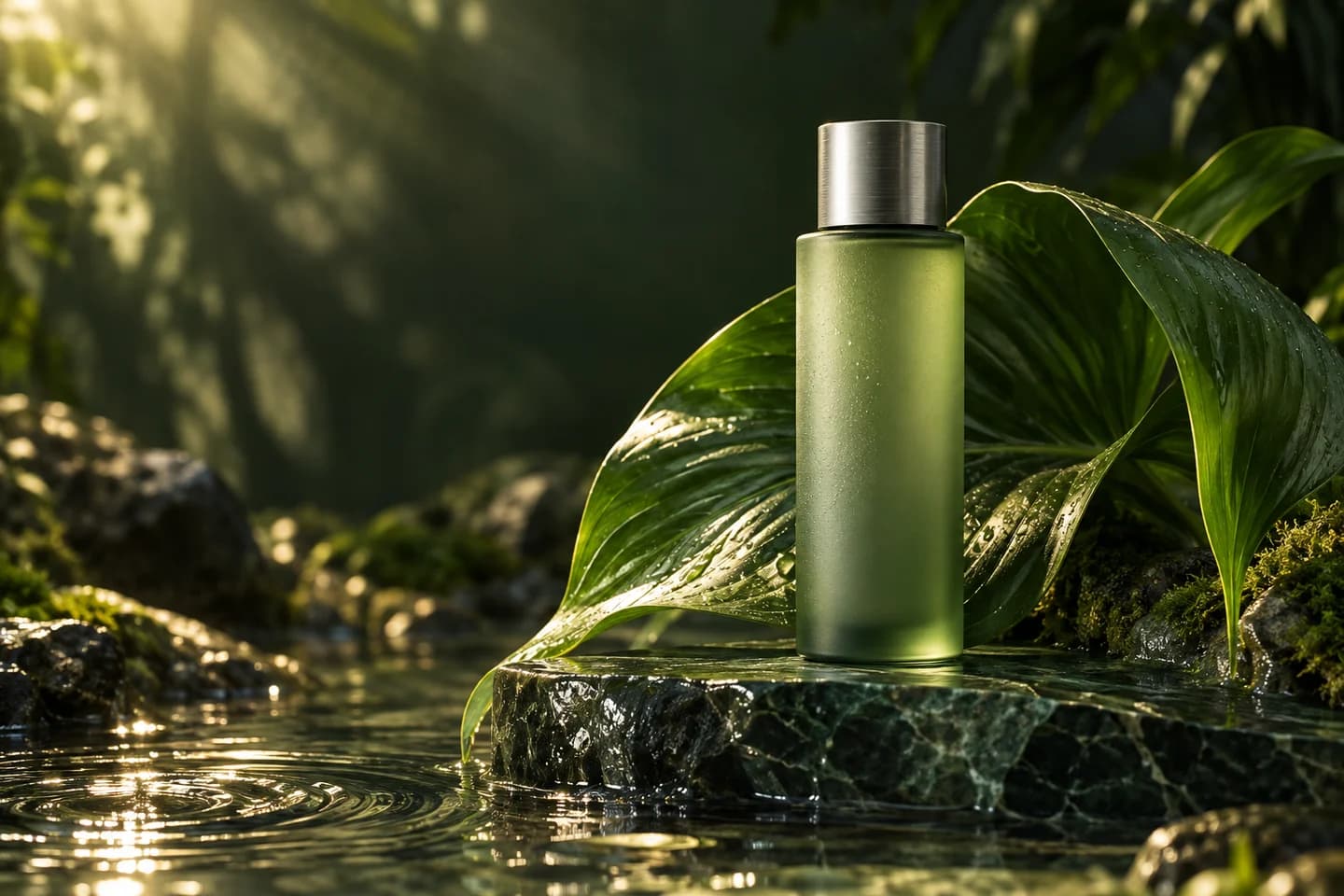 Illustrative skincare campaign with a green glass bottle and leaves.