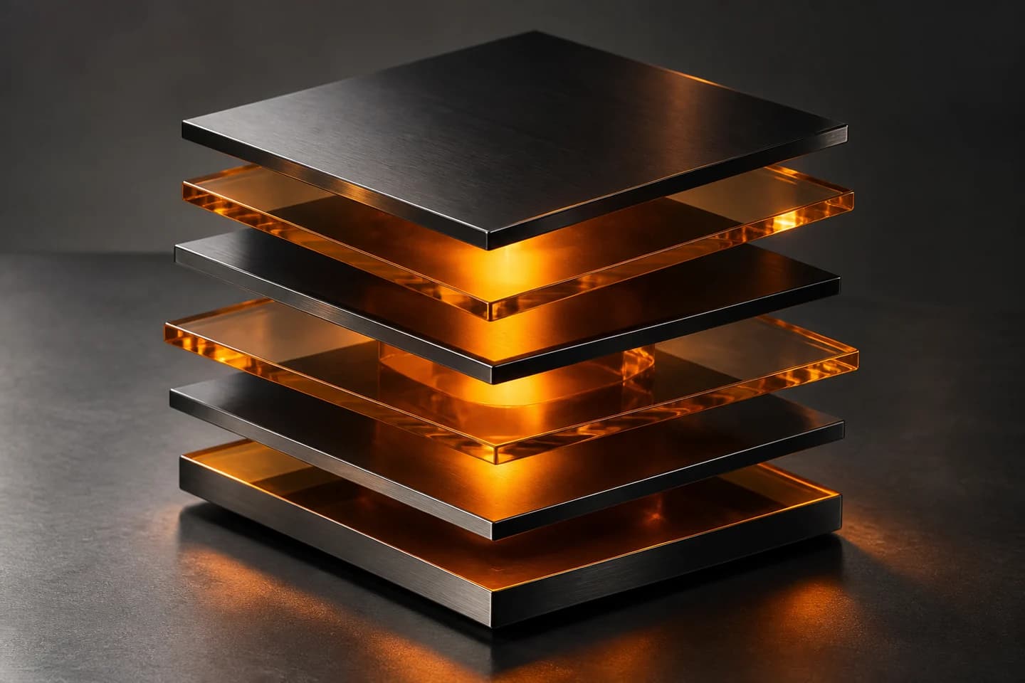 Amber glass and metal layers, a DataVedam illustration of connected systems.