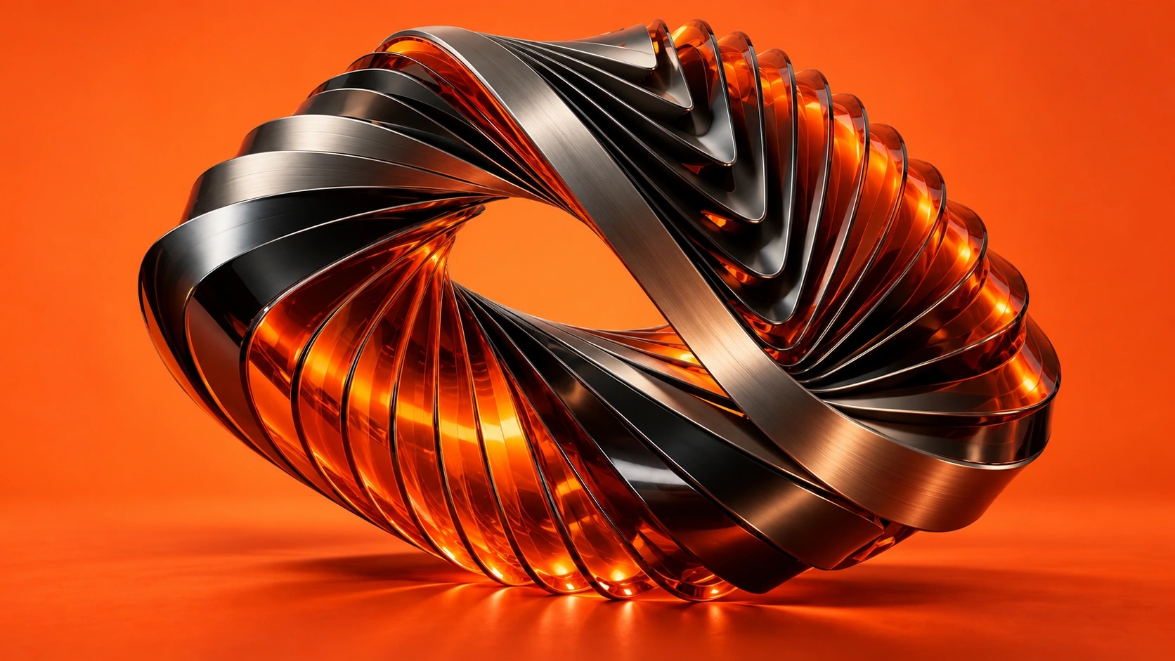 Interconnected folds of orange glass and titanium.